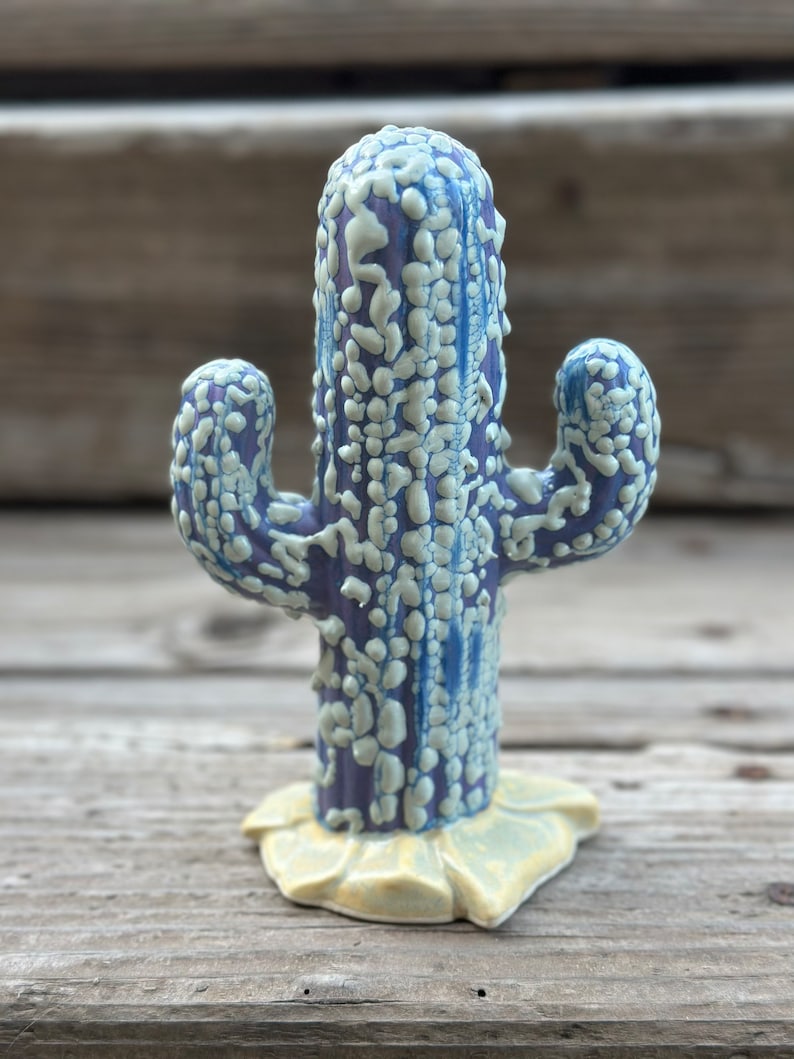 Hand Painted Ceramic Stoneware Cactus Garden Statue Green and Purple