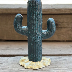 Hand Painted Ceramic Stoneware Cactus Garden Statue Black and Teal