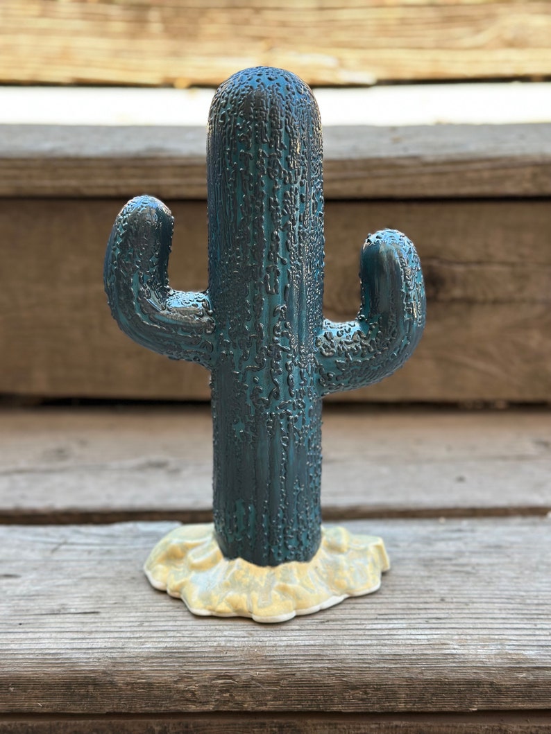Hand Painted Ceramic Stoneware Cactus Garden Statue Black and Teal