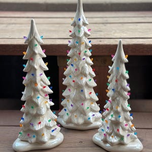 Wispy Hand Painted Ceramic White Mother of Pearl Light-Up Christmas Tree 11.5”-15” Tall