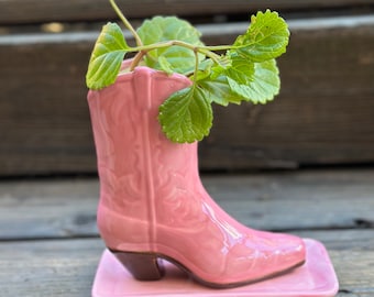 Small 6.5” Hand Painted Ceramic Cowboy Boot Planter and Tray (Boot contains Drainage Holes)