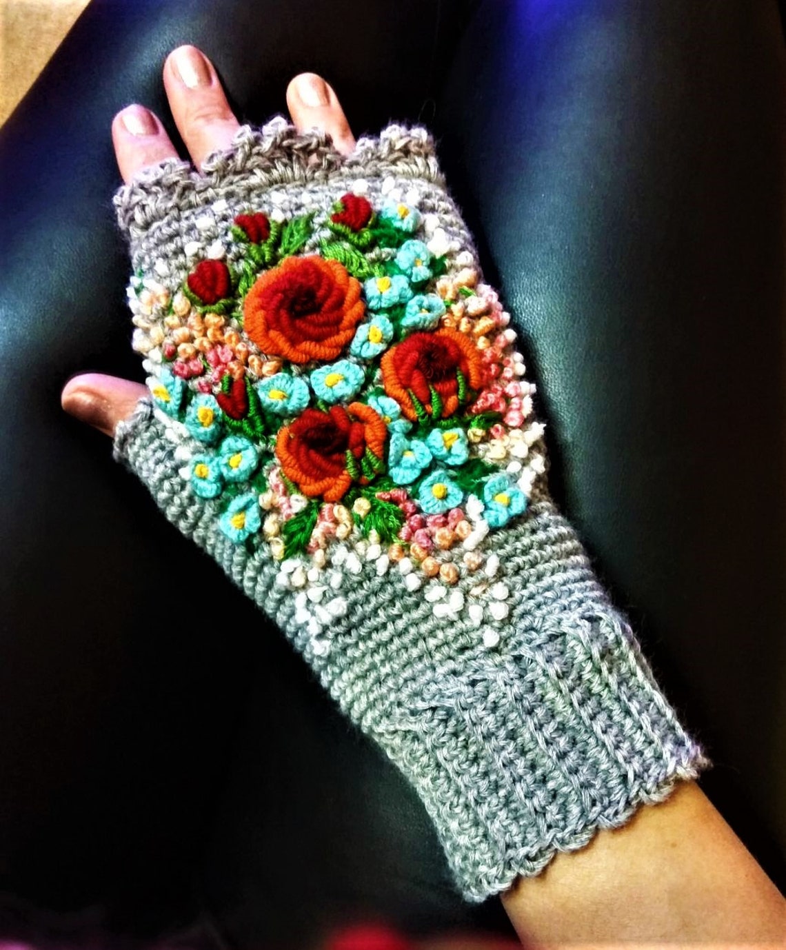 Fingerless Gloves with embroidery Grey mitts Hand Knitted Etsy