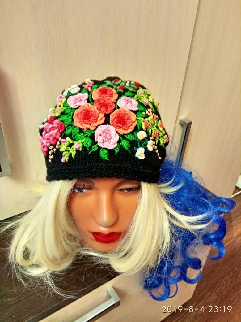 Embroidered hat Black knitted hat Etsy