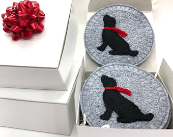 Embroidered Felt Coasters - Black lab on gray felt - set of 4