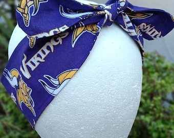 3” Wide Minnesota Vikings headband, handmade, hair tie, self tie, football gift, pin up style, hair wrap, bandana, scarf, retro style