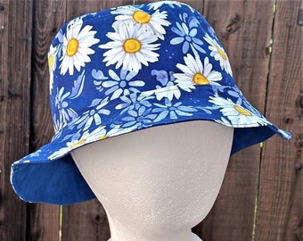 Reversible Daisies Bucket Hat, Summer Flowers, Sizes S-XXL, Gift for gardener, floral floppy hat, ponytail sun hat, casual hat, Daisy Blue