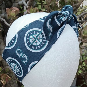 3” Wide Seattle Mariners headband, handmade, self tie, hair tie, hair wrap, head wrap, pin up style, bandana, scarf, rockabilly, baseball