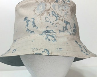 Reversible Blue Floral and Beige Bucket Hat, neutral color, S-XXL, floppy hat, gift for her, gardening, fishing hat, ponytail hat, sun hat