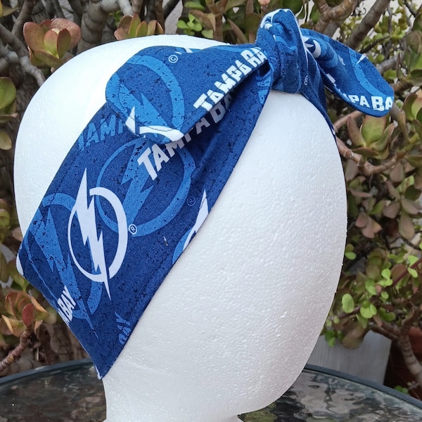 3” Wide Tampa Bay Lightning headband, self tie, handmade, hair wrap, pin up style, hair tie, scarf, rockabilly, bandana, hockey