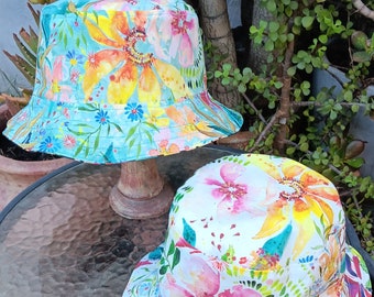Aqua / White Reversible Watercolor Floral Bucket Hat, S-XXL, Summer Flowers, Sun Hat, Floppy Hat, Tropical Hat, Beach Hat, Ponytail Hat