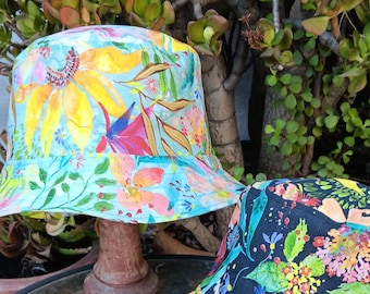 Aqua / Black Reversible Watercolor Floral Bucket Hat, S-XXL, Summer Flowers, Sun Hat, Floppy Hat, Tropical Hat, Beach Hat, Ponytail Hat