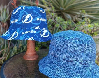 Tampa Bay Lightning Bucket Hat, Reversible, Sizes S-XXL, Cotton, Handmade, summer fishing hat, ponytail hat sun hat, floppy hat