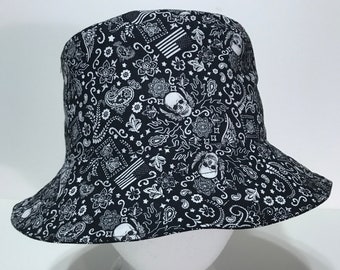 Skulls & Flags Bandana Print Bucket Hat, Reversible, Unisex Sizes S-XXL, cotton, summer hat, fishing hat, ponytail hat, floppy hat, calavera