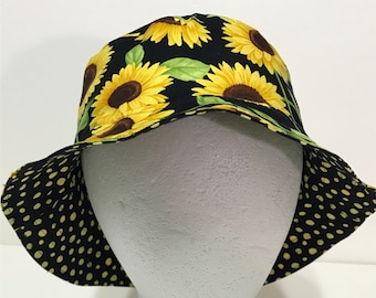 Reversible Sunflower Floral Bucket Hat, Size Large, Cotton, Gift for gardener, floppy hat, sun hat, polka dots and summer flowers