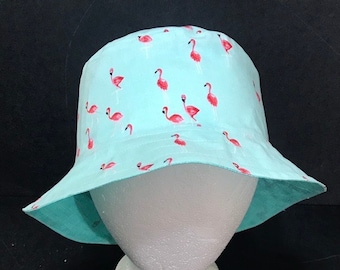 Flamingos Bucket Hat,  Sizes S-XXL, Cotton, Handmade, floppy fishing hat, sun hat, casual hat, pink flamingos, tropical, aqua