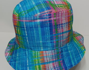 Bright Colors Plaid Bucket Hat, Reversible, Sizes S-XXL, Cotton, floppy hat, ponytail hat, sun hat, fishing hat, beach hat, gardening hat