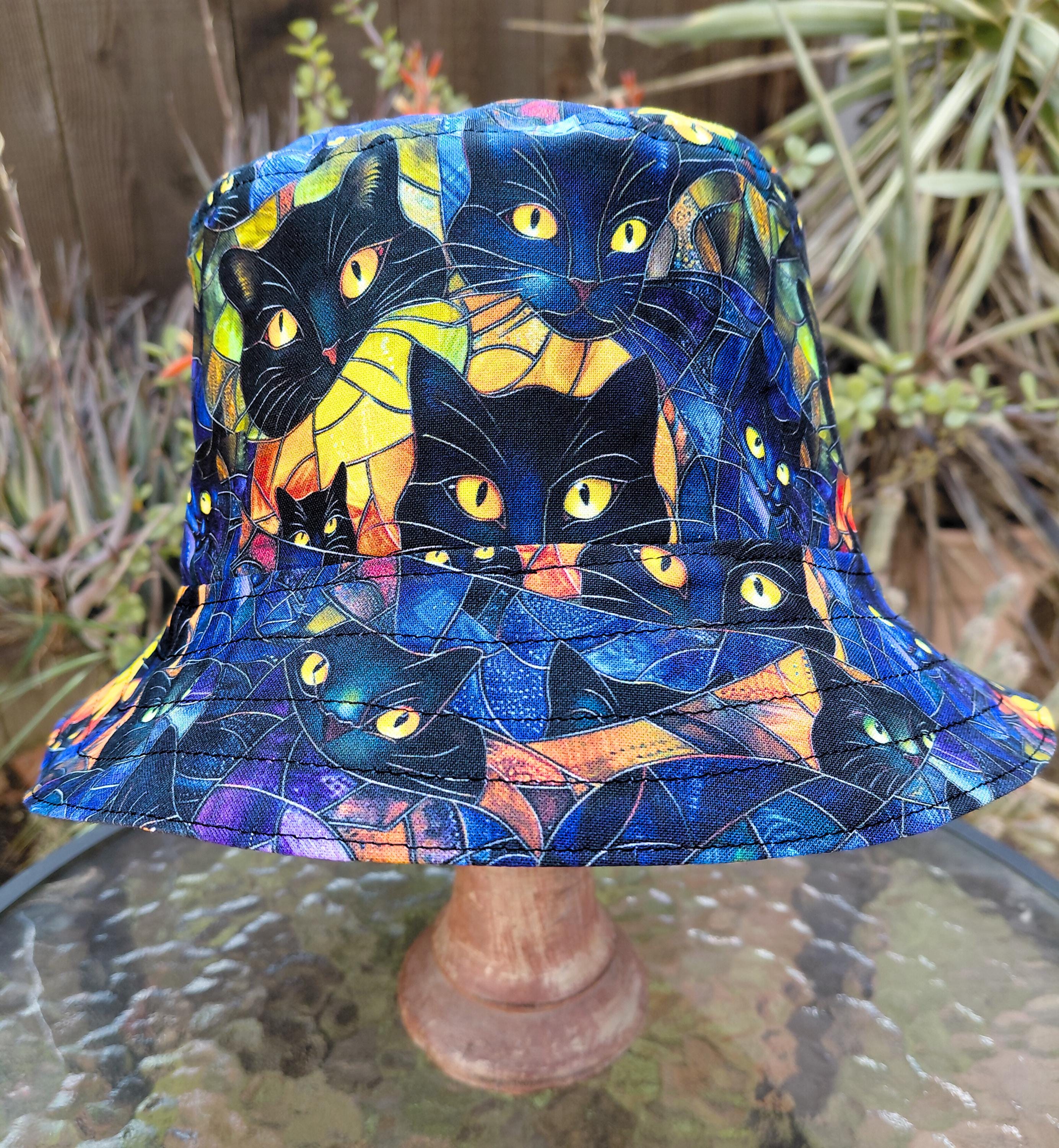 Black Cats Bucket Hat, Stained Glass Look, Reversible, MEDIUM 22