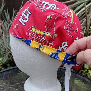 Reversible St. Louis Blues / Cardinals scrub cap, handmade, adjustable cap with toggle, short hair scrub hat, nurse or veterinarian gift