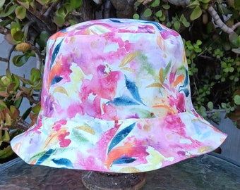 Watercolor Floral Bucket Hat, Reverses to Pink or Green, Tropical Print Floppy hat, Sun Hat, Beach Hat, Fishing Hat, Cotton