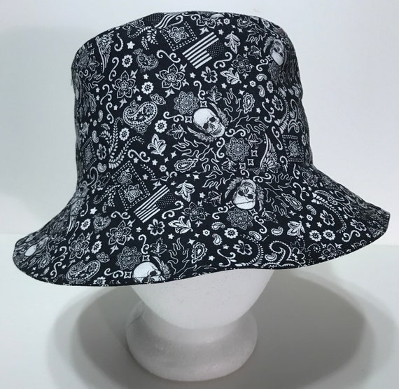 Skulls & Flags Bandana Print Bucket Hat, Reversible, Unisex Sizes