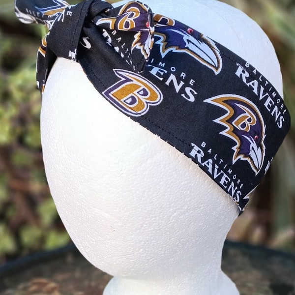 3” Wide Baltimore Ravens headband, self tie, hair wrap, cotton, pin up style, hair tie, head scarf, bandana, rockabilly, football, handmade