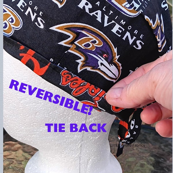 Reversible Orioles / Ravens scrub cap, tie back, unisex, cotton, scrub hat, nurse tech technician, Baltimore sports teams, handmade