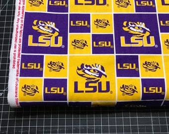 1/2 yard Louisiana State University 100% Cotton Fabric Yardage, Sykel LSU-020 licensed LSU blocks print, half yard quilting weight, 43-44"