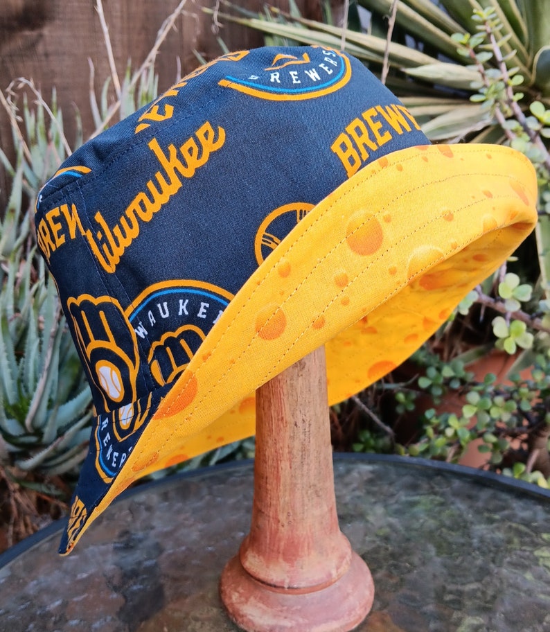 Milwaukee Brewers / Cheese Bucket Hat, Reversible, Sizes S-XXL, handmade, fishing hat, ponytail hat, sun hat, floppy hat, children & adults image 1