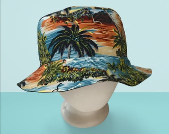 Tropical Theme Bucket Hat,  Sizes S-XXL, Cotton, floppy hat, fishing hat, sun hat, casual hat, beach hat, palm trees hat, Hawaiian