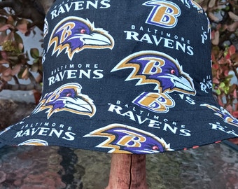 Baltimore Ravens Bucket Hat, Reversible to Black, Sizes S-XXL, Cotton, Handmade, summer fishing hat, ponytail hat, sun hat, floppy hat