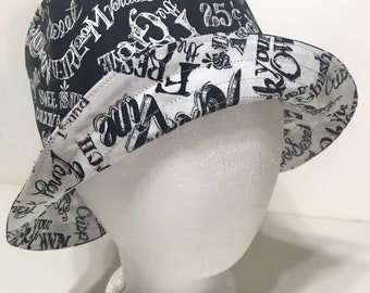 Garden Theme Summer Bucket Hat, Black & White, Reversible Gardening Hat Sizes S-XXL, Cotton, Gift for Gardener, farmer’s market ponytail hat