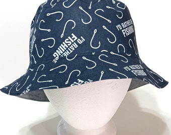 Fishing Theme Bucket Hat, Reversible, Sizes S-XXL, fisherman gift, fishing hat, sun hat, fish hooks, floppy hat, I'd Rather be Fishing