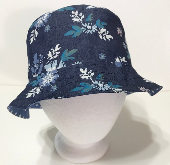 Denim Floral Bucket Hat, Reversible, Sizes S-XXL, Cotton, Hat With
