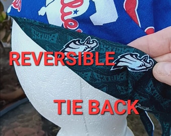 Reversible Phillies / Eagles scrub cap, tie back, unisex, cotton, scrub hat, nurse tech technician hat, Philadelphia sports teams, handmade