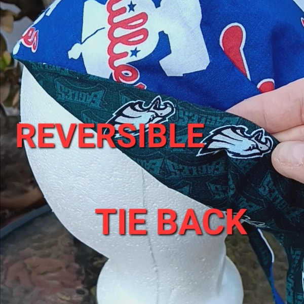 Reversible Phillies / Eagles scrub cap, tie back, unisex, cotton, scrub hat, nurse tech technician hat, Philadelphia sports teams, handmade