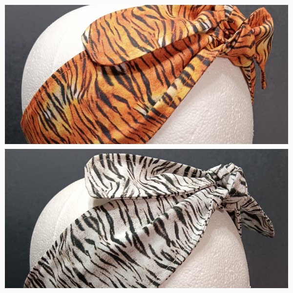 3” Wide Tiger Stripe Animal Print headband, hair wrap, head wrap, hair tie, pin up style, retro style, rockabilly, choose orange or white