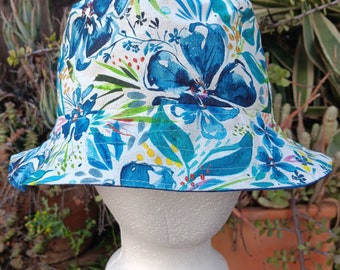 Canvas Watercolor Floral Bucket Hat, Reversible, Blue Flowers, Sizes S-XXL, Cotton, Handmade, Gift for Her, Tropical