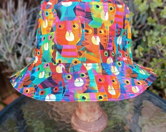 Bright Multicolor Cats Bucket Hat, Reverses to Blue, Sizes