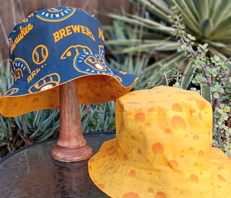 Milwaukee Brewers / Cheese Bucket Hat, Reversible, Sizes S-XXL, handmade, fishing hat, ponytail hat, sun hat, floppy hat, children & adults image 2