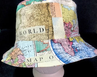 Map Theme Bucket Hat, Reversible, World Travel Theme Bucket Hat, Geography Hat,  S-XXL, Tourist Hat, Cruise, Traveler Gift, Cartography