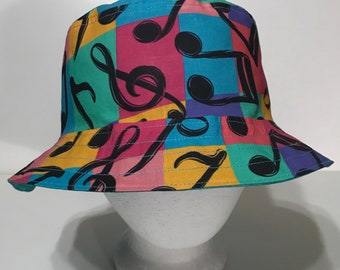 Music Theme Bucket Hat, Multicolor, Musical Notes, Reversible, Unisex Size LARGE, cotton, band hat, fishing hat, sun hat, floppy hat