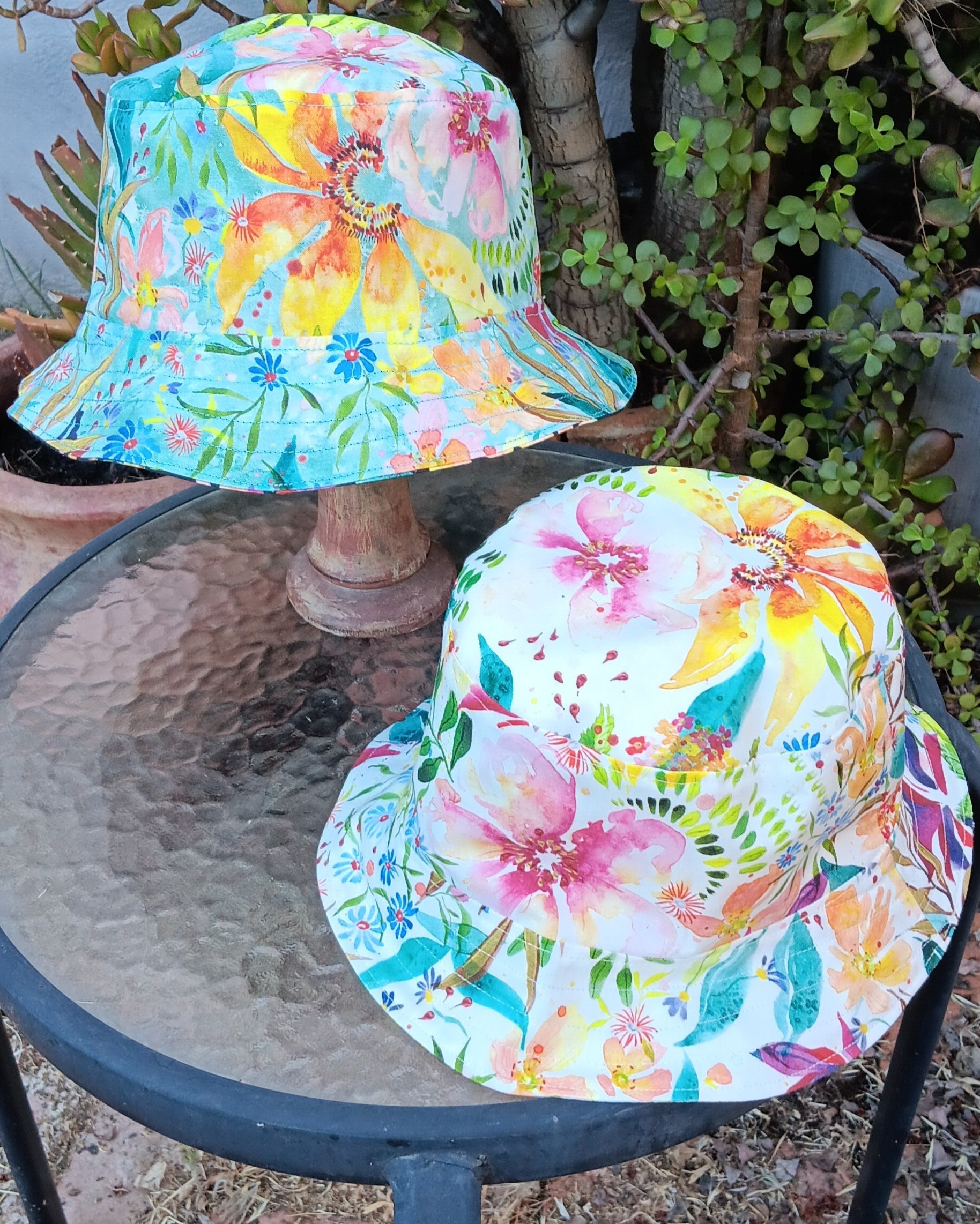 Aqua / White Reversible Watercolor Floral Bucket Hat, Sizes 