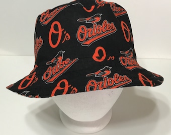 Baltimore Orioles Bucket Hat, Reversible to Black, Sizes S-XXL, Cotton, Handmade, summer fishing hat, sun hat, floppy hat, ponytail hat