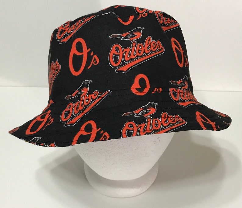 Baltimore Orioles Bucket Hat, Reversible to Black, Sizes S-XXL, Cotton, Handmade, summer fishing hat, sun hat, floppy hat, ponytail hat image 1