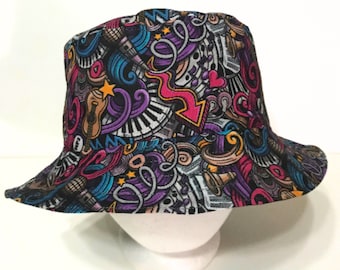 Music Theme Bucket Hat, Musical Notes, Doodle, Reversible, Unisex  Sizes S-XXL, cotton, band hat, fishing hat, sun hat, floppy hat