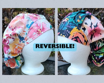 Watercolor floral scrub cap, reversible, bouffant, toggle, adjustable, long hair, nurse technician doctor, food service, tropical print