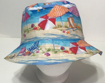 Beach Theme Bucket Hat, Reversible, Sizes S-XXL, Cotton, Beach Scene, Ocean, Lake, Seashore, Vacation Hat, Floppy Hat, Summer Sun Hat