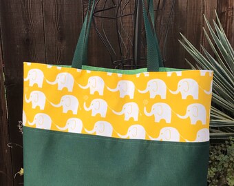 Elephants tote bag, green canvas bottom, white elephnats on yellow, magnetic snap, one pocket, baseball, elephant, shopping market bag