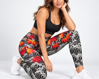 Japanese Wave Tattoo Leggings with Pockets, Red Orange Maple Leaves, Black Gray Finger Wave Print, Asian Inspired Fall Yoga Pants