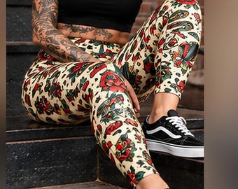 American Traditional Tattoo Leggings with Pockets, Vintage Tattoo Flash Print, Colorful Old School Rockabilly Yoga Pants, Alt Fashion